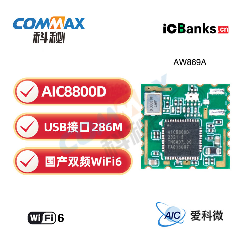 爱科微AIC8800D双频模块WiFi6蓝牙BTDM5.4国产USB无线透传模组AW869A